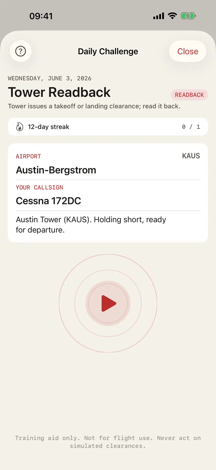 WilcoAI Daily Challenge — listen to the controller, then read the instruction back