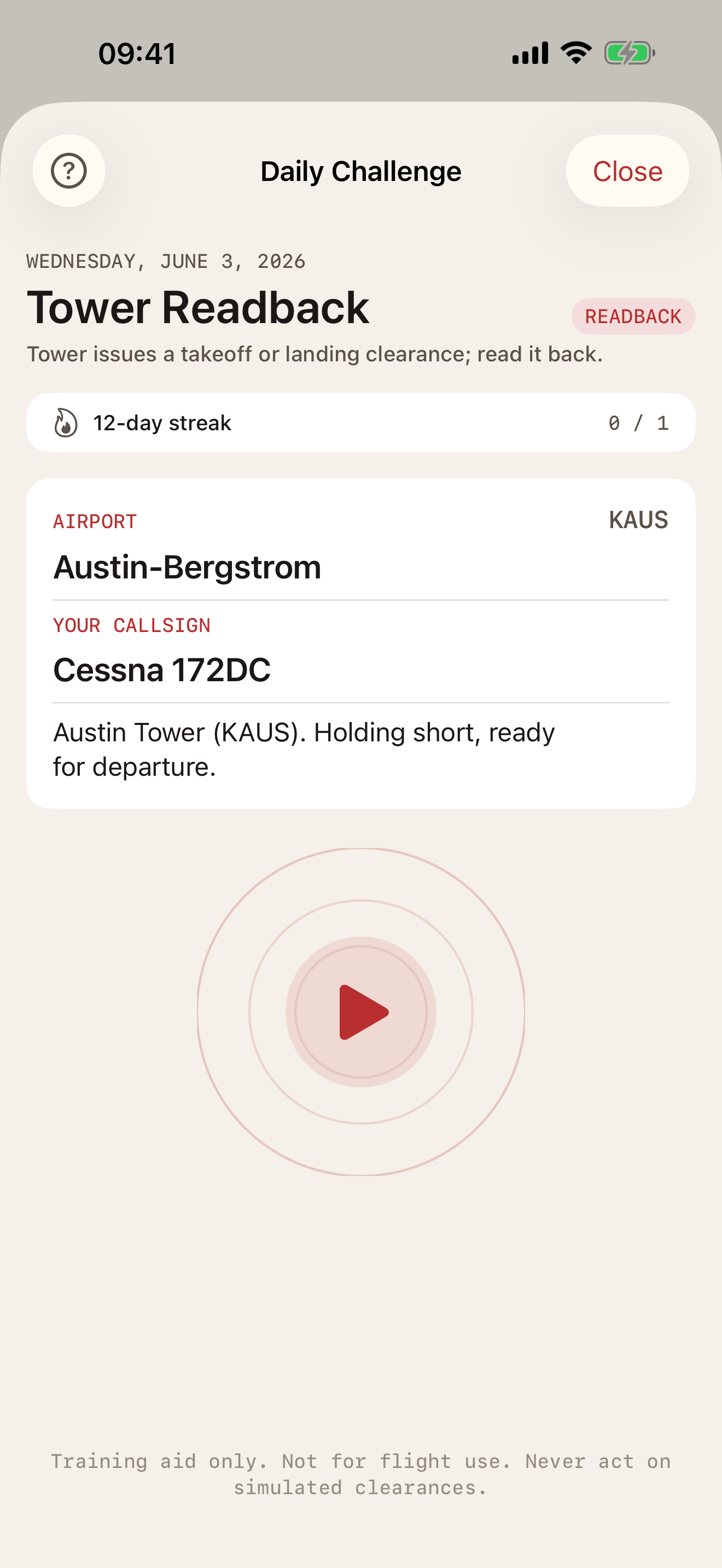 WilcoAI Daily Challenge — listen to the controller, then read the instruction back