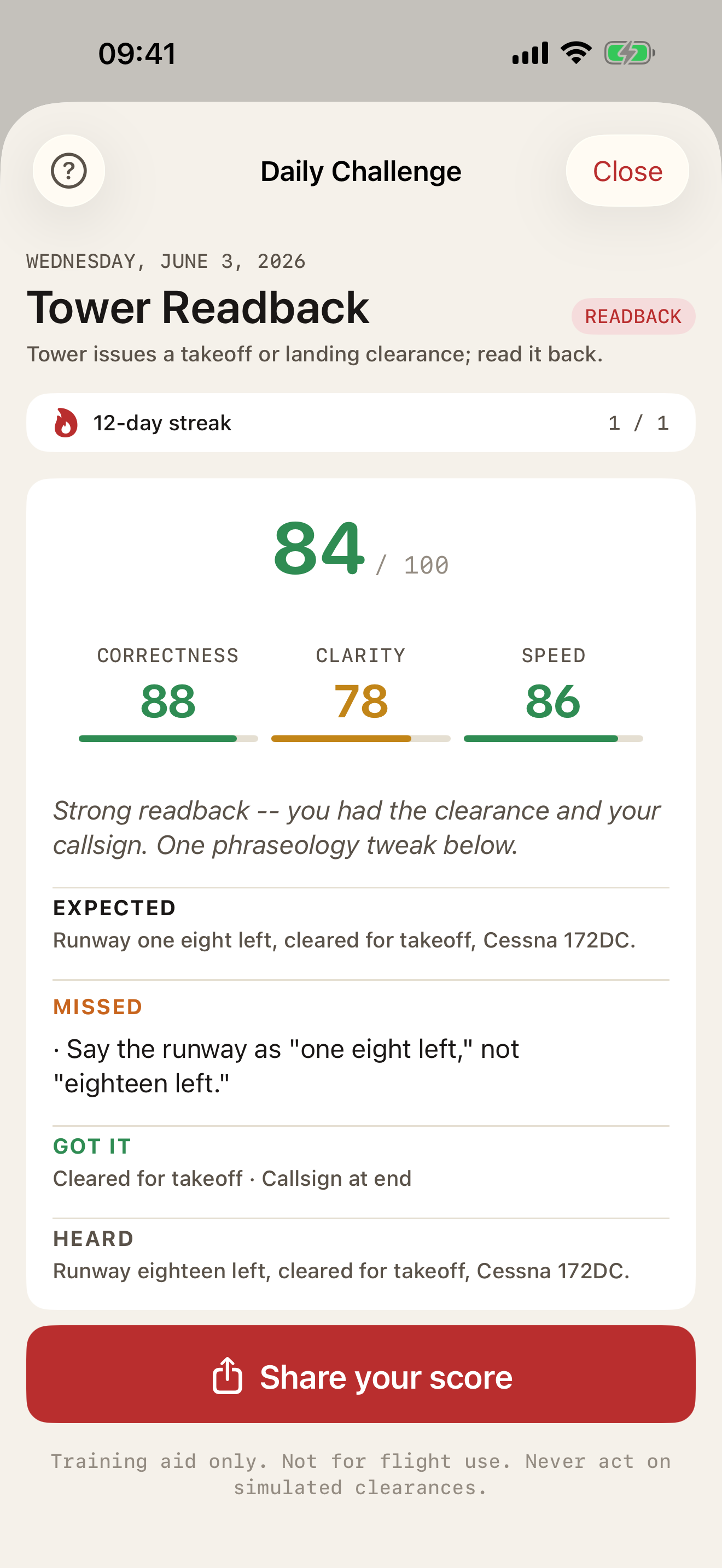 WilcoAI debrief screen showing a composite score of 84 out of 100 with Correctness 88, Clarity 78, and Speed 86 bars, a missed item note, and a heard transcript line