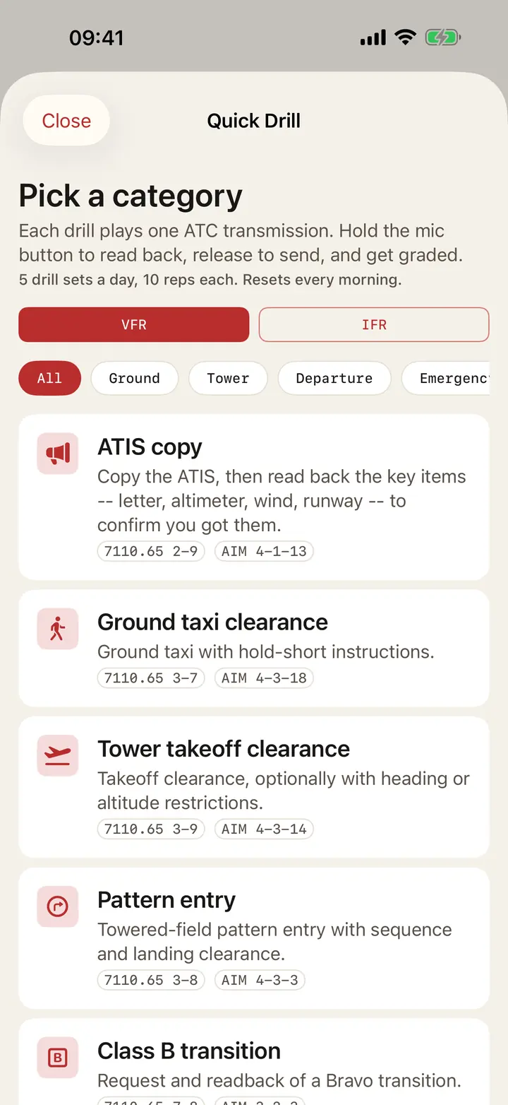 WilcoAI Quick Drill setup screen with a VFR IFR toggle, phase filter chips including Ground Tower Departure Emergency, and category rows each tagged with JO 7110.65 and AIM reference chips