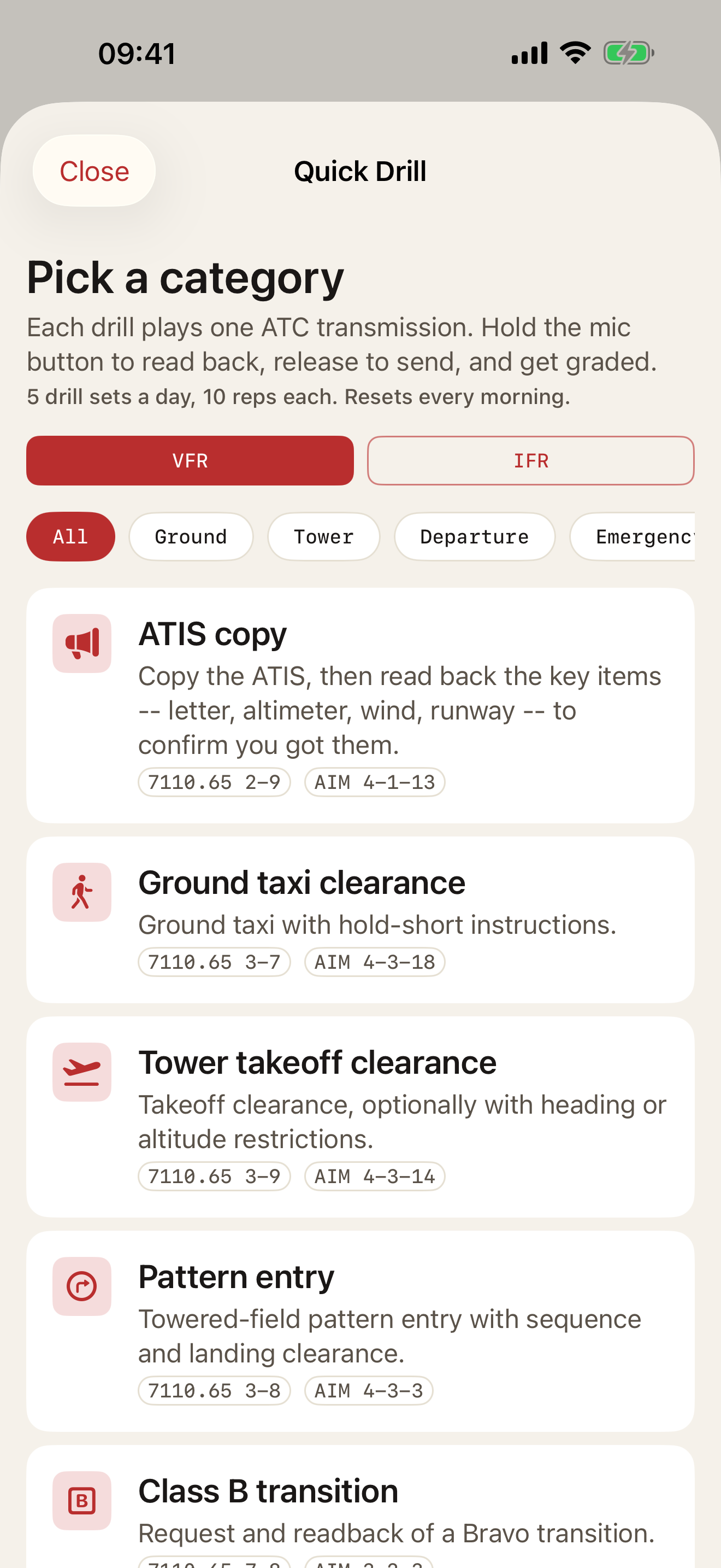 WilcoAI Quick Drill setup screen with a VFR IFR toggle, phase filter chips including Ground Tower Departure Emergency, and category rows each tagged with JO 7110.65 and AIM reference chips