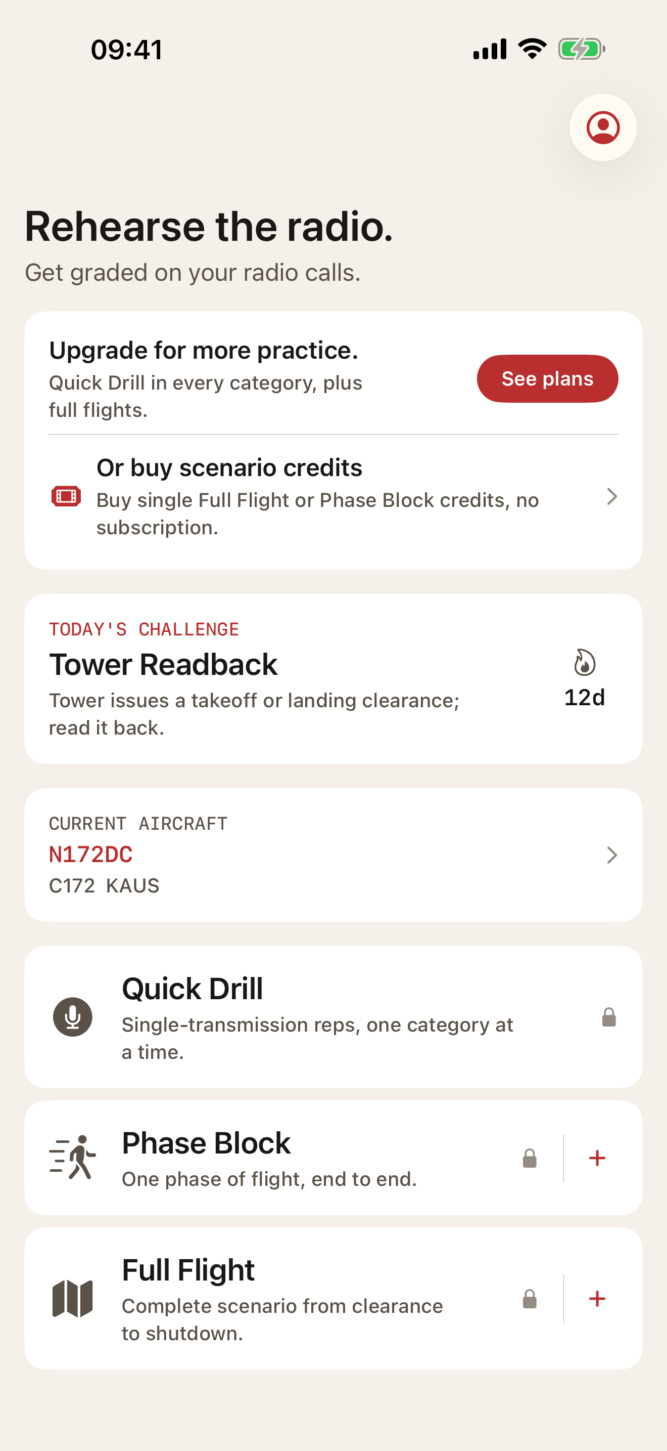 WilcoAI home screen showing a Rehearse the radio header, an upgrade upsell card with a See plans button, a Today's Challenge tile, a current aircraft row showing N172DC C172 KAUS, and practice mode tiles