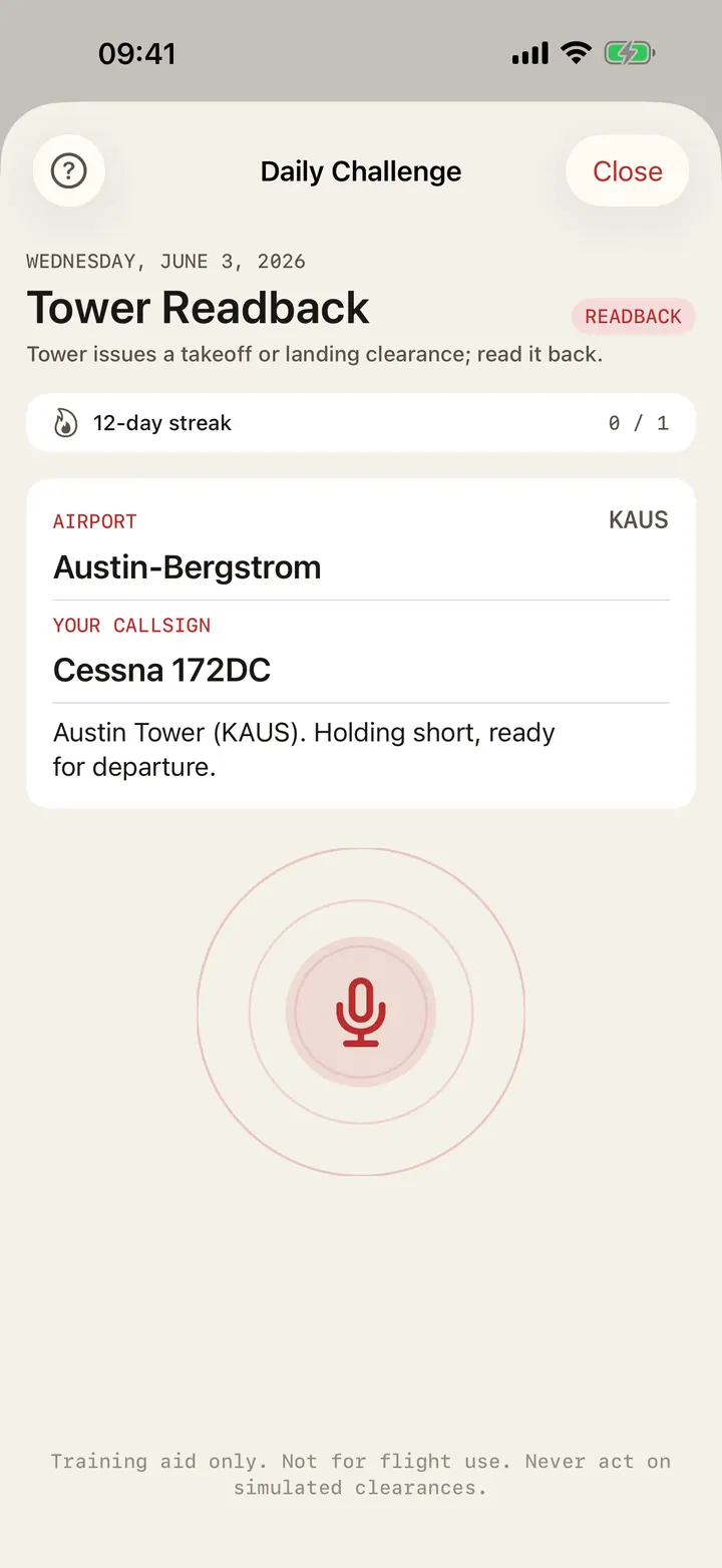 WilcoAI Daily Challenge readback screen: situational card for Tower Readback at KAUS, a circular push-to-talk mic button with accent rings, and a 12-day streak chip
